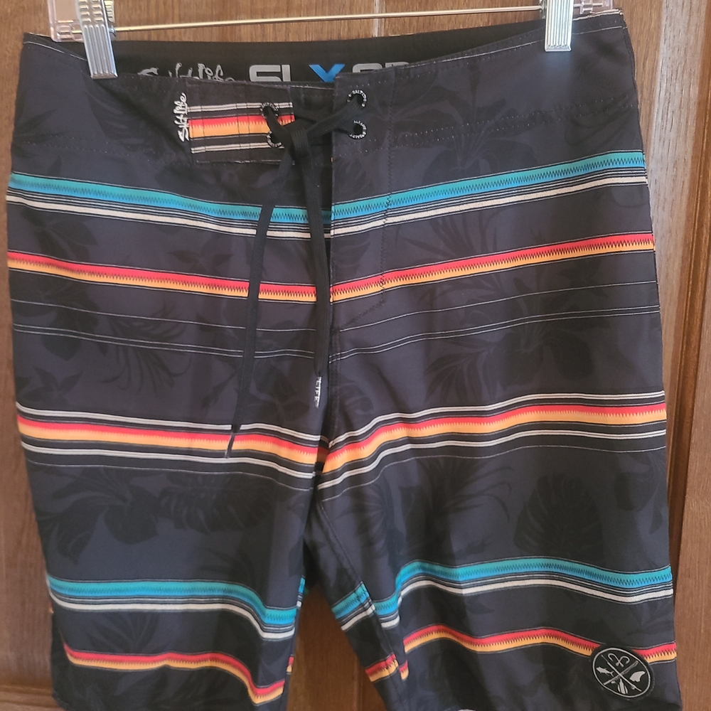 Salt Life Black Board Shorts with Multicolor Stripes
